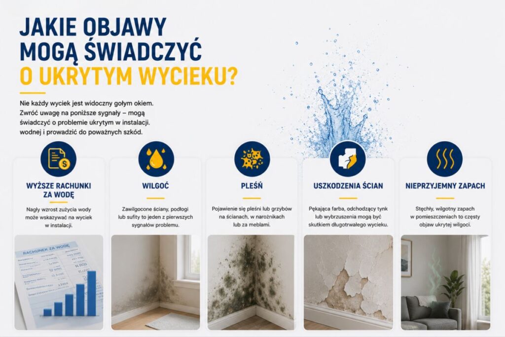 Objawy ukrytego wycieku wody w domu - wilgoć, pleśń, uszkodzenia ścian, nieprzyjemny zapach i wyższe rachunki za wodę.