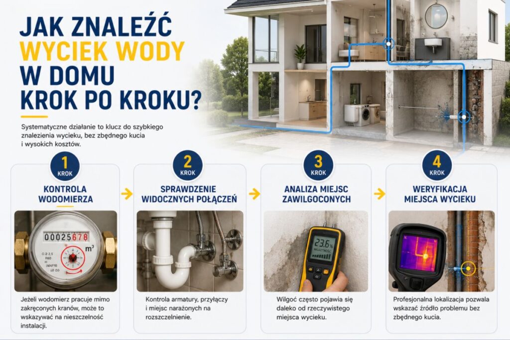 Instrukcja wykrywania wycieku wody w domu obejmująca kontrolę wodomierza, sprawdzenie instalacji i lokalizację nieszczelności.