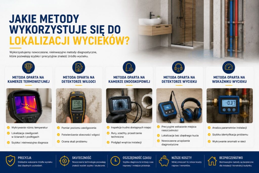 Nowoczesne metody lokalizacji wycieków wody z wykorzystaniem kamery termowizyjnej, miernika wilgotności, kamery endoskopowej i detektora wycieku.