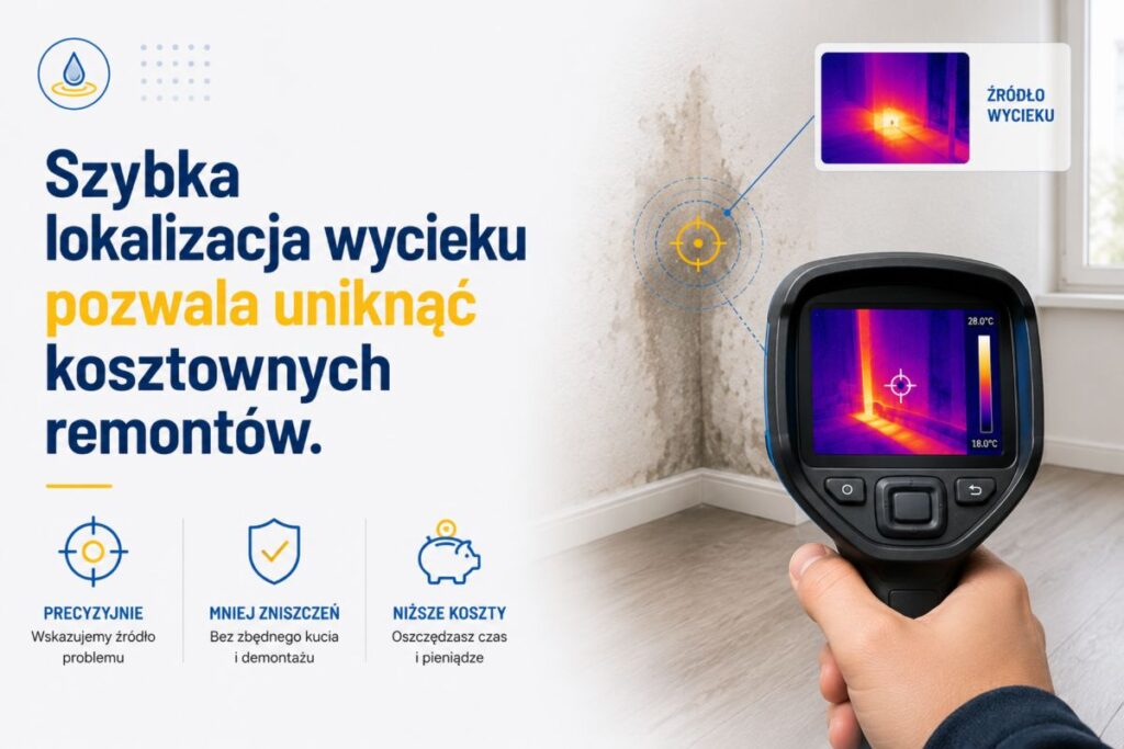 Lokalizacja wycieku wody przy użyciu kamery termowizyjnej pozwala szybko wykryć problem i ograniczyć koszty naprawy.